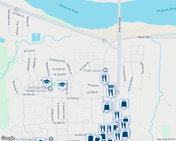 map of restaurants, bars, coffee shops, grocery stores, and more near 16 West 32nd Place in Sand Springs