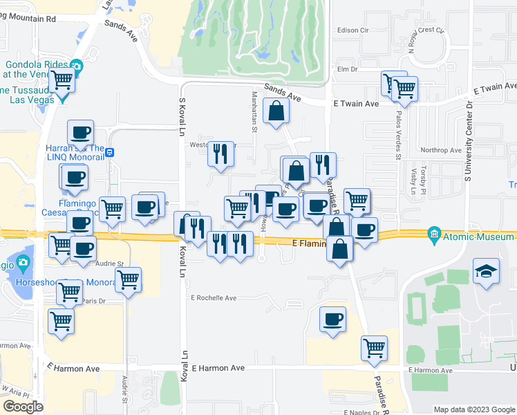 map of restaurants, bars, coffee shops, grocery stores, and more near 1 Hughes Center Drive in Las Vegas