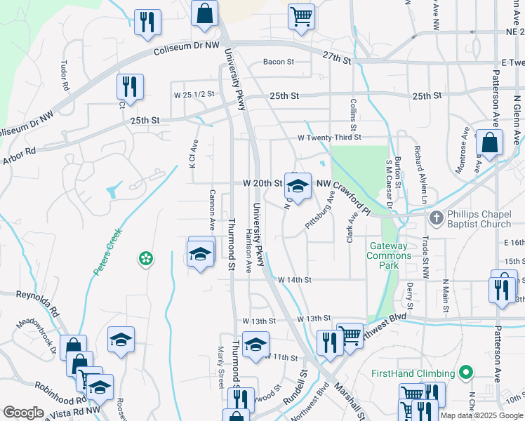 map of restaurants, bars, coffee shops, grocery stores, and more near 1677 Lincoln Avenue Northwest in Winston-Salem