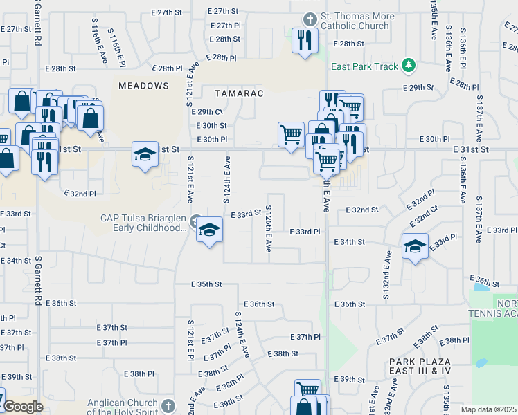 map of restaurants, bars, coffee shops, grocery stores, and more near 3310 South 125th East Avenue in Tulsa