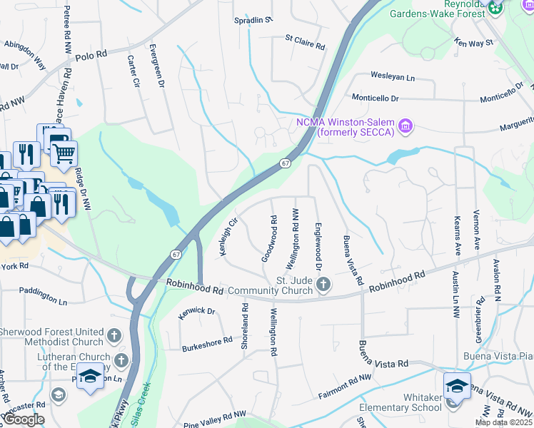 map of restaurants, bars, coffee shops, grocery stores, and more near 940 Goodwood Road in Winston-Salem