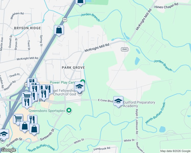 map of restaurants, bars, coffee shops, grocery stores, and more near 2016 McKnight Mill Road in Greensboro