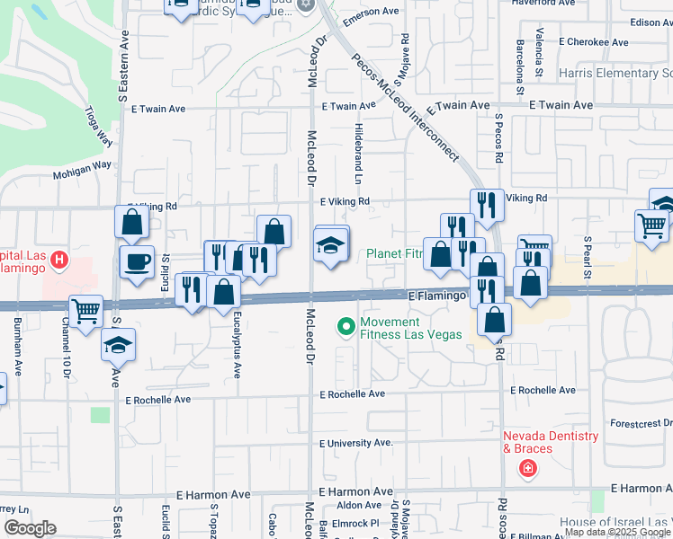 map of restaurants, bars, coffee shops, grocery stores, and more near 3050 East Flamingo Road in Las Vegas