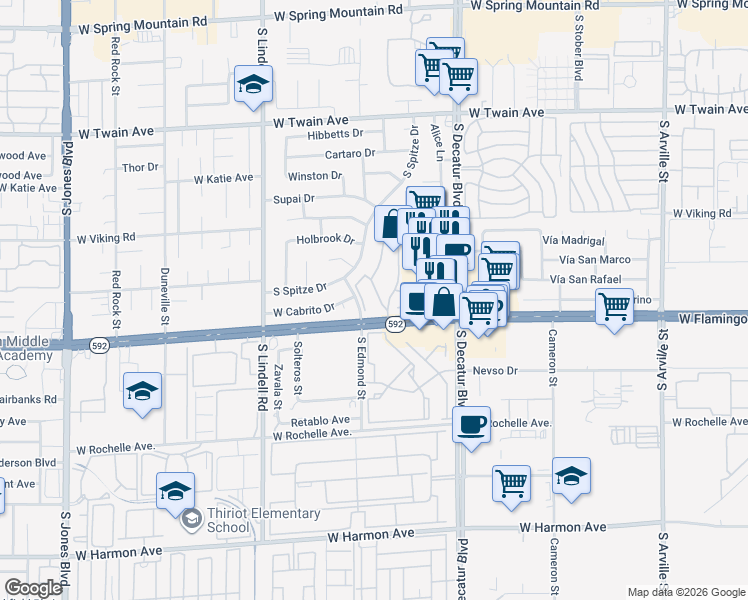 map of restaurants, bars, coffee shops, grocery stores, and more near 4082 Crete Lane in Las Vegas