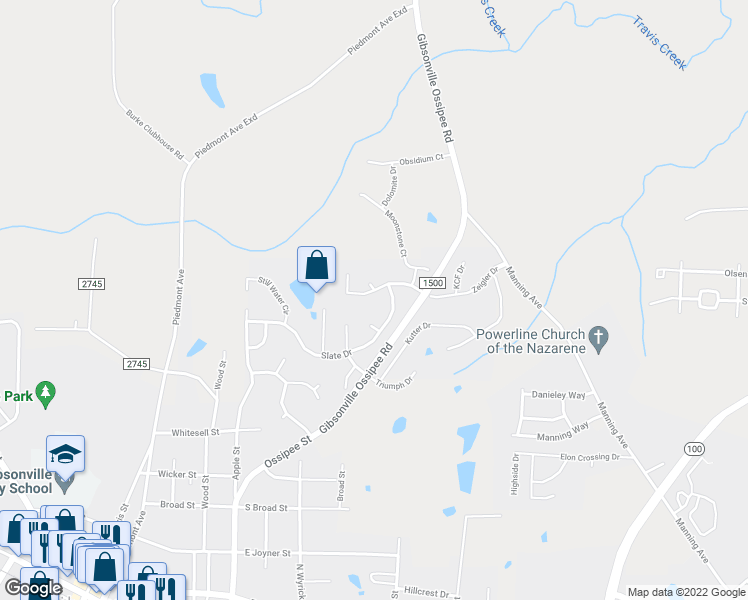 map of restaurants, bars, coffee shops, grocery stores, and more near 80 Slate Court in Gibsonville