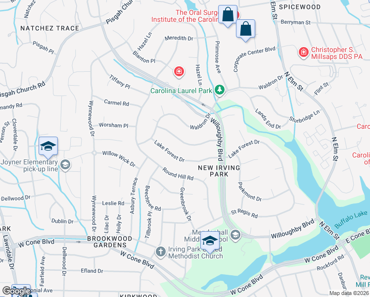 map of restaurants, bars, coffee shops, grocery stores, and more near 3018 Lake Forest Drive in Greensboro