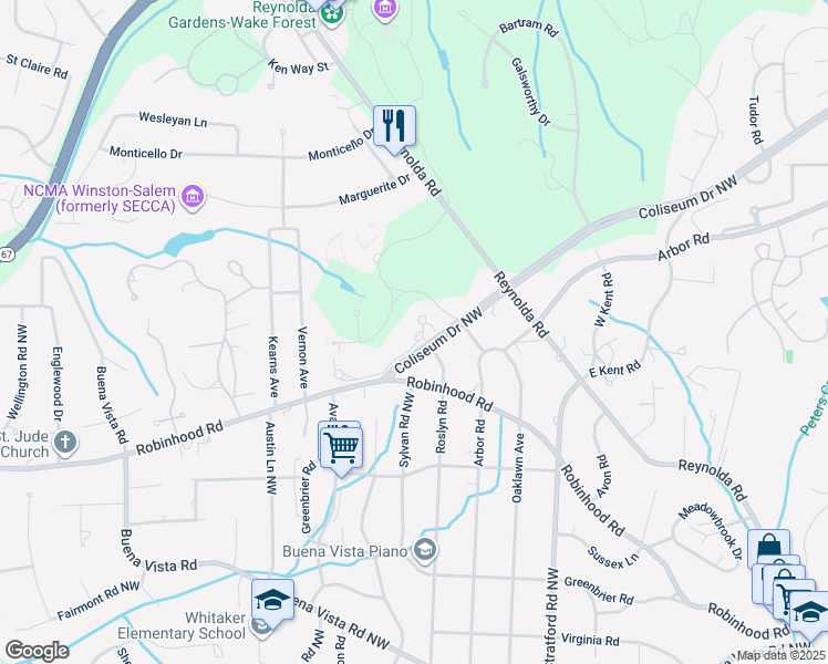 map of restaurants, bars, coffee shops, grocery stores, and more near 11 Graylyn Place Court in Winston-Salem
