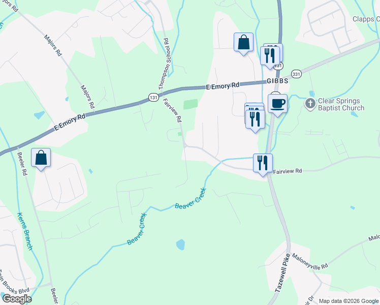 map of restaurants, bars, coffee shops, grocery stores, and more near 7325 Fairview Road in Corryton