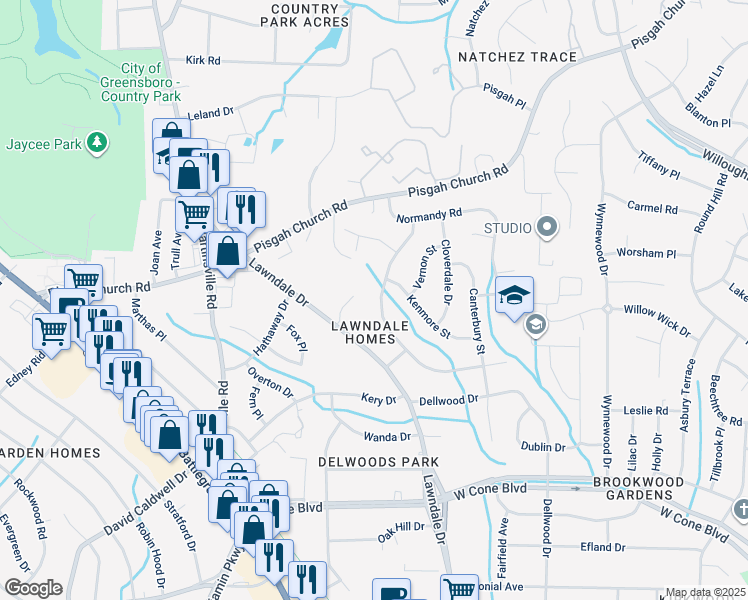 map of restaurants, bars, coffee shops, grocery stores, and more near 3415 Wilshire Drive in Greensboro