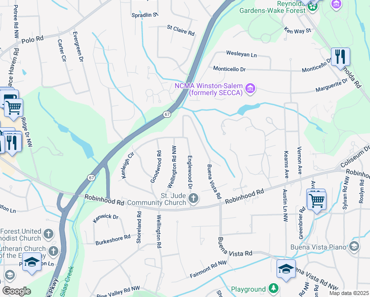map of restaurants, bars, coffee shops, grocery stores, and more near 1046 Englewood Drive in Winston-Salem