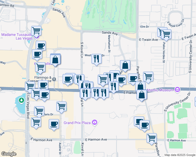 map of restaurants, bars, coffee shops, grocery stores, and more near 260 East Flamingo Road in Las Vegas