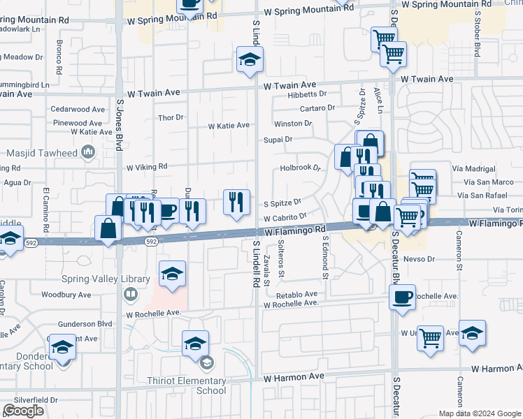 map of restaurants, bars, coffee shops, grocery stores, and more near 5481 West Cabrito Drive in Las Vegas