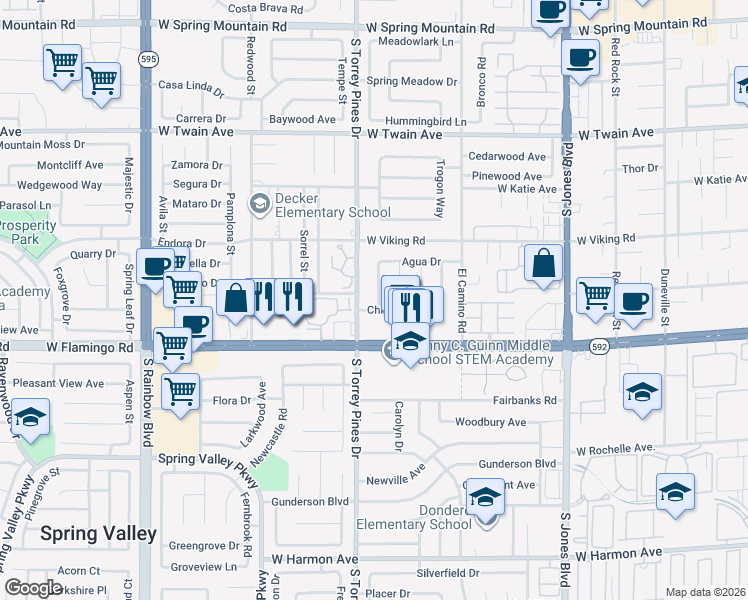 map of restaurants, bars, coffee shops, grocery stores, and more near 6461 Chisos Drive in Las Vegas