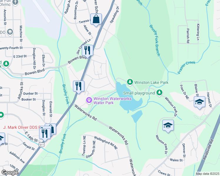 map of restaurants, bars, coffee shops, grocery stores, and more near Winston Lake Road in Winston-Salem