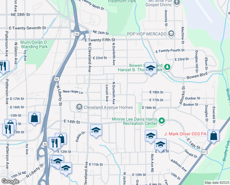 map of restaurants, bars, coffee shops, grocery stores, and more near 1821 North Dunleith Avenue in Winston-Salem