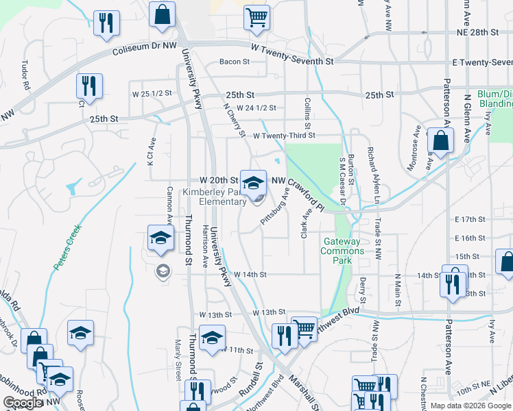 map of restaurants, bars, coffee shops, grocery stores, and more near 1621 Cherry Street in Winston-Salem