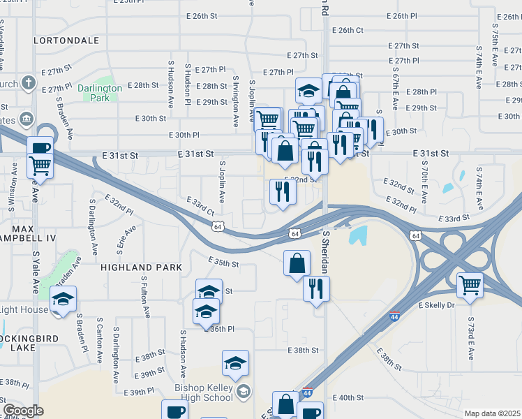 map of restaurants, bars, coffee shops, grocery stores, and more near 3292 South Lakewood Avenue in Tulsa