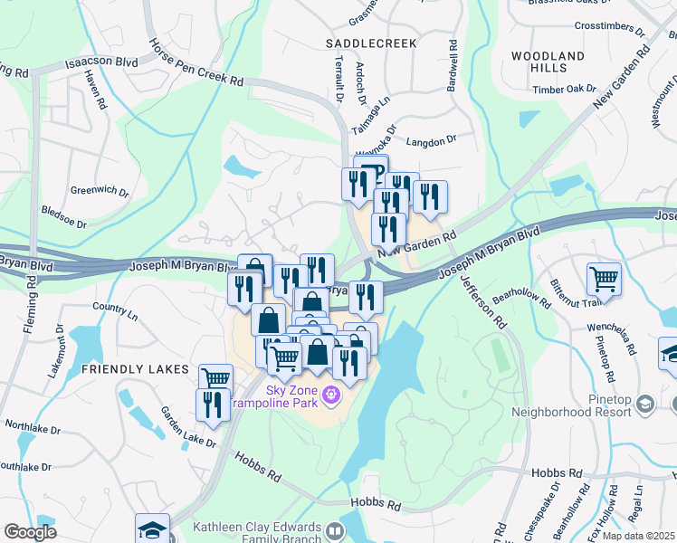map of restaurants, bars, coffee shops, grocery stores, and more near 1581 New Garden Road in Greensboro