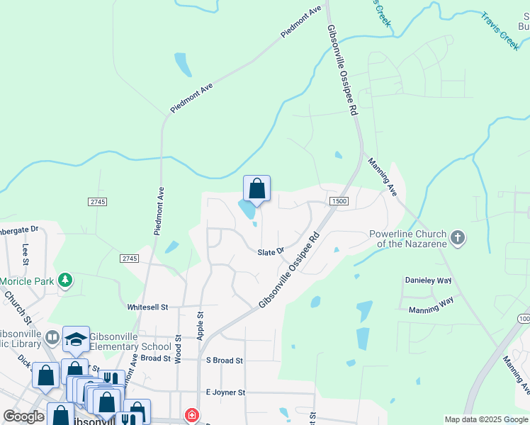 map of restaurants, bars, coffee shops, grocery stores, and more near 124 Claystone Drive in Gibsonville