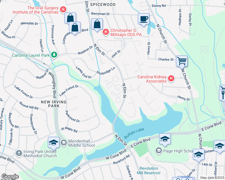 map of restaurants, bars, coffee shops, grocery stores, and more near 3 Saint Simons Square in Greensboro