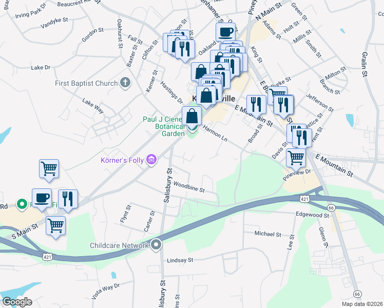 map of restaurants, bars, coffee shops, grocery stores, and more near 311 Salisbury Street in Kernersville