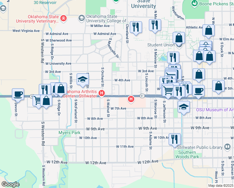 map of restaurants, bars, coffee shops, grocery stores, and more near 1530 West 6th Avenue in Stillwater
