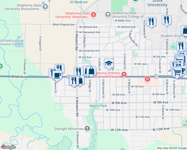 map of restaurants, bars, coffee shops, grocery stores, and more near 604 South Willis Street in Stillwater