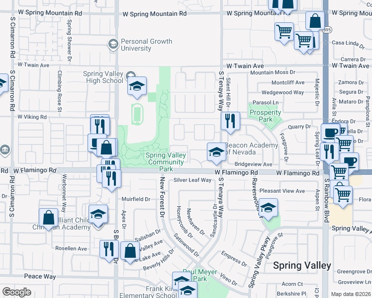map of restaurants, bars, coffee shops, grocery stores, and more near 7570 West Flamingo Road in Las Vegas
