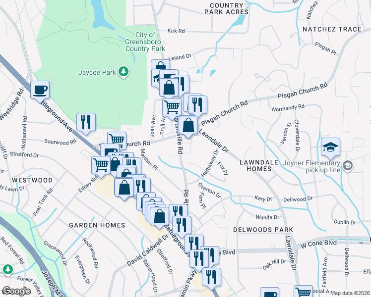 map of restaurants, bars, coffee shops, grocery stores, and more near 2918 Martinsville Road in Greensboro
