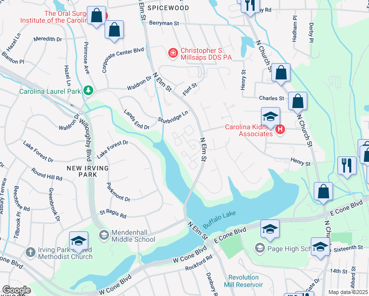 map of restaurants, bars, coffee shops, grocery stores, and more near 3 Saint Simons Square in Greensboro