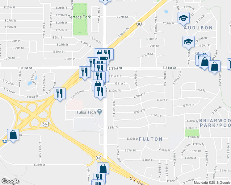 map of restaurants, bars, coffee shops, grocery stores, and more near 3205 South 82nd East Avenue in Tulsa