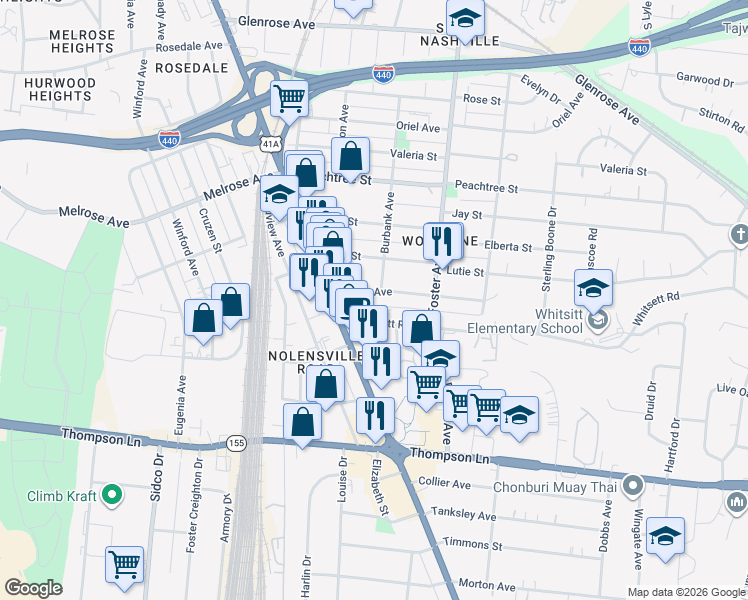 map of restaurants, bars, coffee shops, grocery stores, and more near 331 Whitsett Road in Nashville