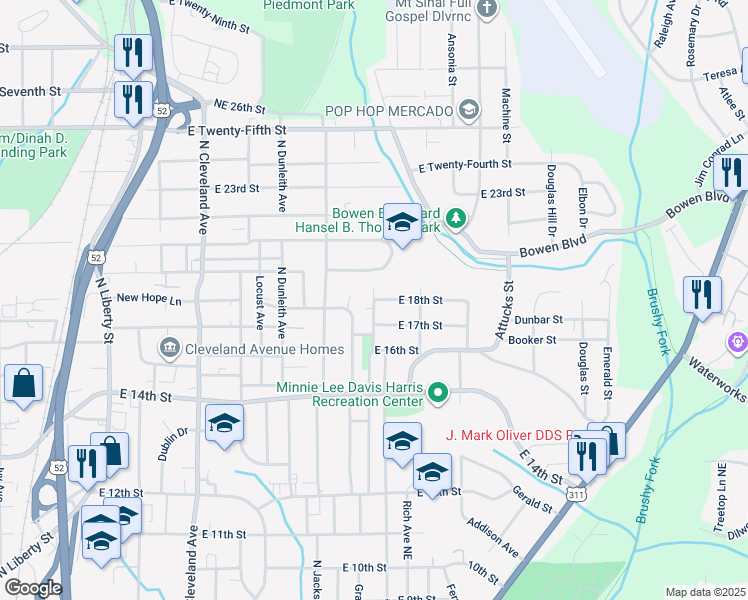 map of restaurants, bars, coffee shops, grocery stores, and more near East 18th Street in Winston-Salem
