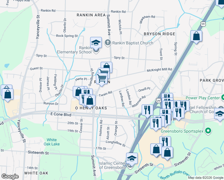 map of restaurants, bars, coffee shops, grocery stores, and more near 1610 Twain Road in Greensboro