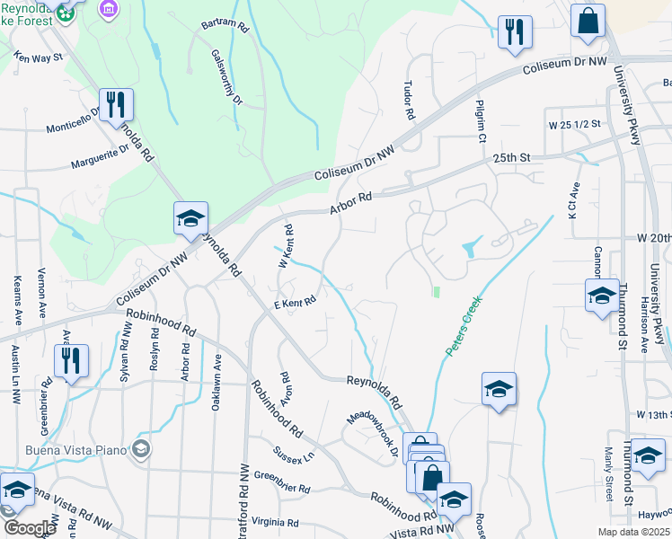 map of restaurants, bars, coffee shops, grocery stores, and more near 1077 East Kent Road Northwest in Winston-Salem