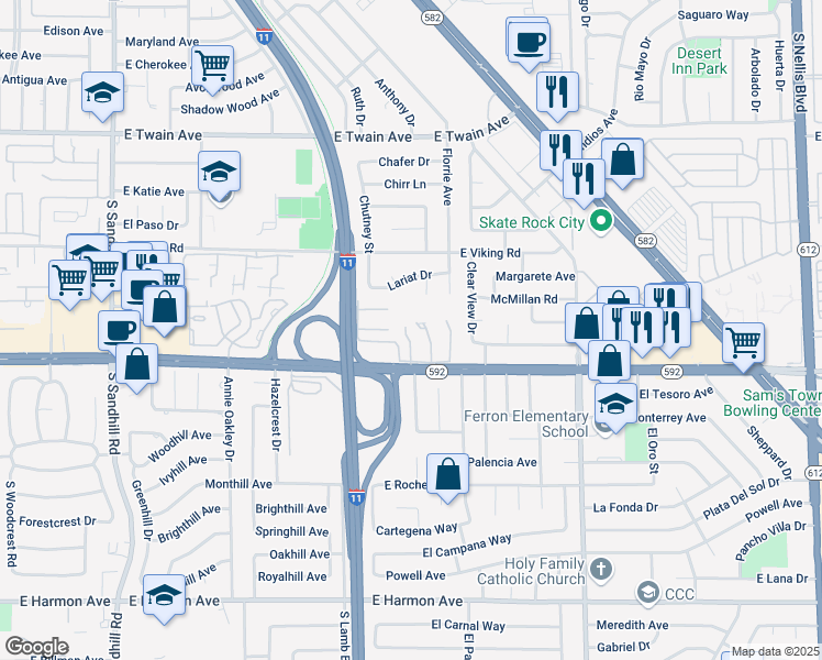 map of restaurants, bars, coffee shops, grocery stores, and more near 4032 Village Square in Las Vegas