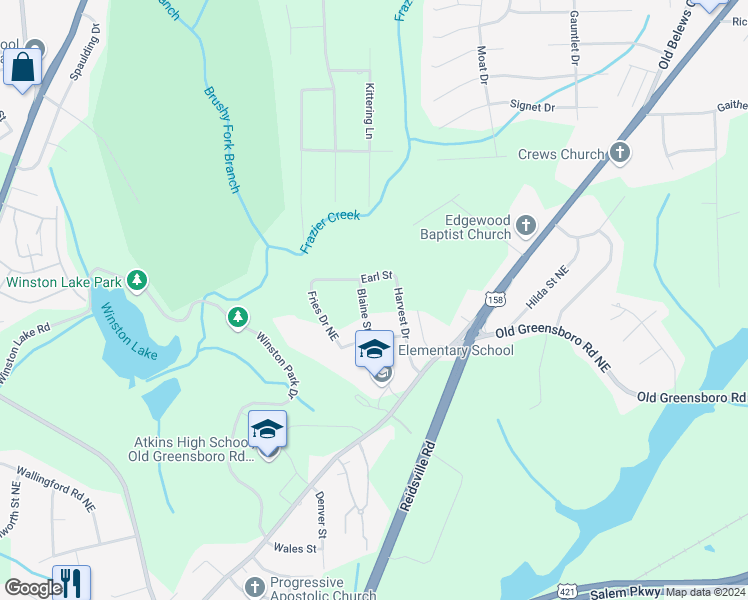map of restaurants, bars, coffee shops, grocery stores, and more near Blaine Street in Winston-Salem