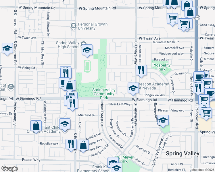 map of restaurants, bars, coffee shops, grocery stores, and more near 7570 West Flamingo Road in Las Vegas