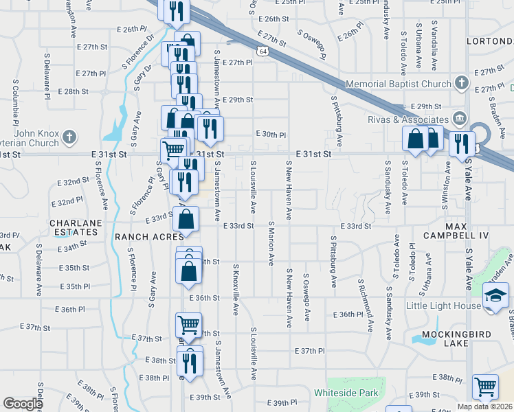 map of restaurants, bars, coffee shops, grocery stores, and more near 3223 South Louisville Avenue in Tulsa