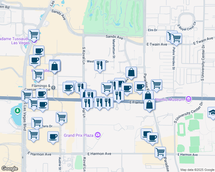map of restaurants, bars, coffee shops, grocery stores, and more near 260 East Flamingo Road in Las Vegas