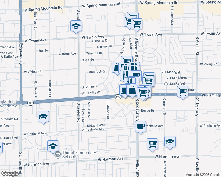 map of restaurants, bars, coffee shops, grocery stores, and more near 4082 Crete Lane in Las Vegas