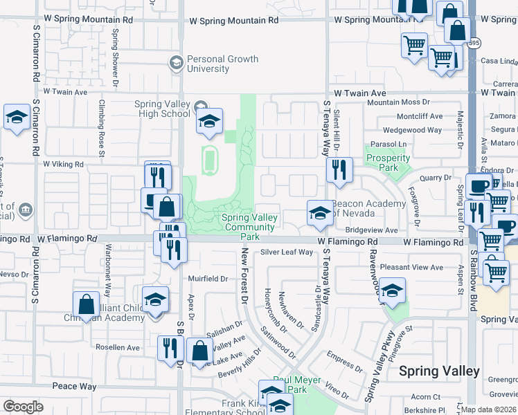 map of restaurants, bars, coffee shops, grocery stores, and more near 7570 West Flamingo Road in Las Vegas