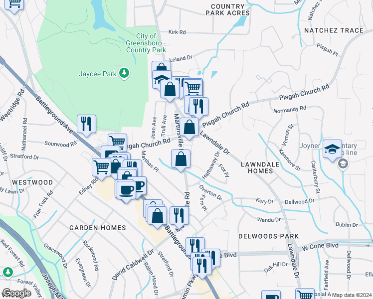 map of restaurants, bars, coffee shops, grocery stores, and more near 2410 Running Brook Drive in Greensboro