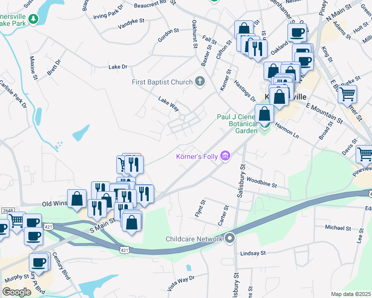 map of restaurants, bars, coffee shops, grocery stores, and more near 540 South Cherry Street in Kernersville