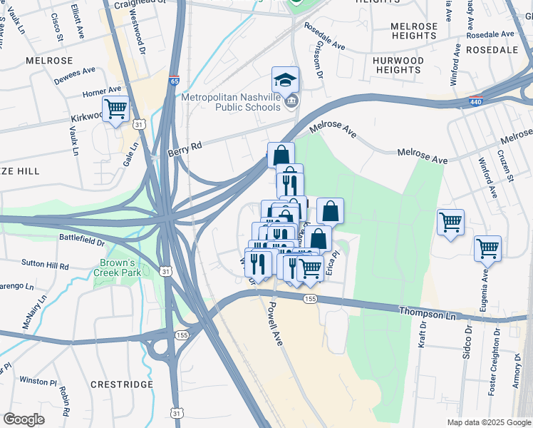 map of restaurants, bars, coffee shops, grocery stores, and more near 2812 Azalea Place in Nashville