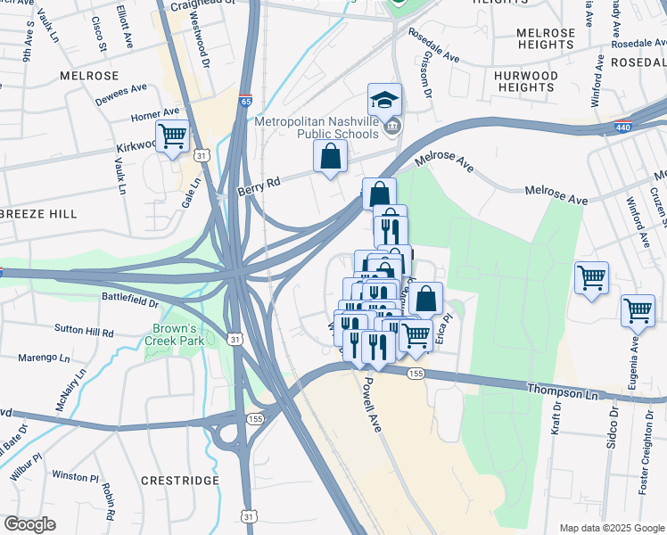 map of restaurants, bars, coffee shops, grocery stores, and more near 634 West Iris Drive in Nashville