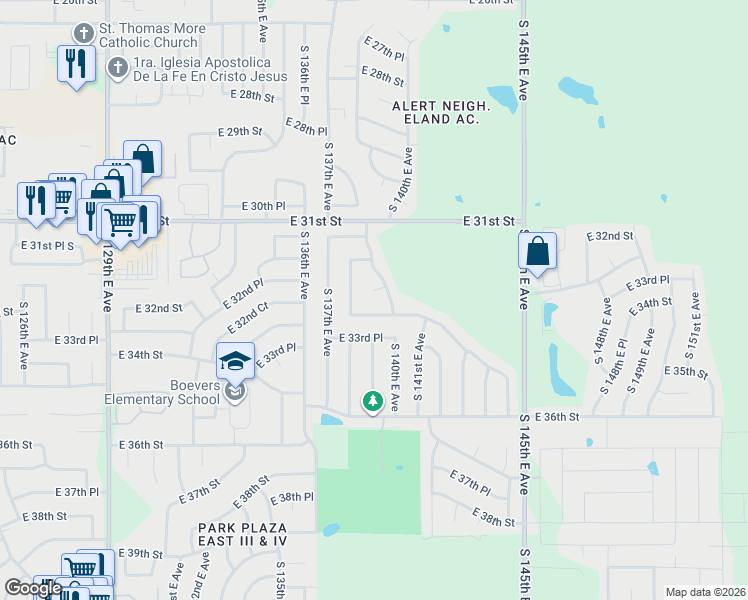 map of restaurants, bars, coffee shops, grocery stores, and more near 13908 East 33rd Street in Tulsa