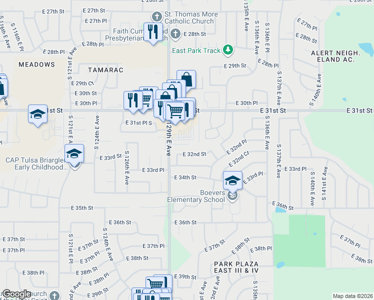 map of restaurants, bars, coffee shops, grocery stores, and more near 12927 East 33rd Street in Tulsa