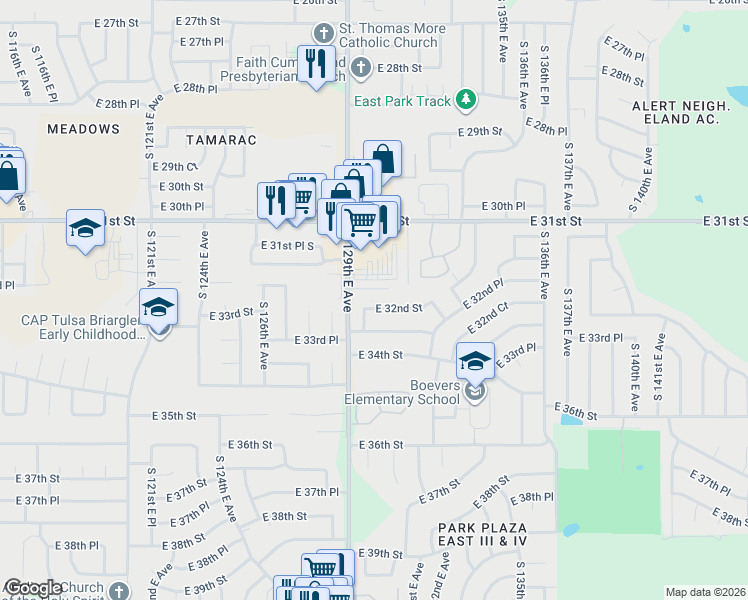 map of restaurants, bars, coffee shops, grocery stores, and more near 12927 East 33rd Street in Tulsa