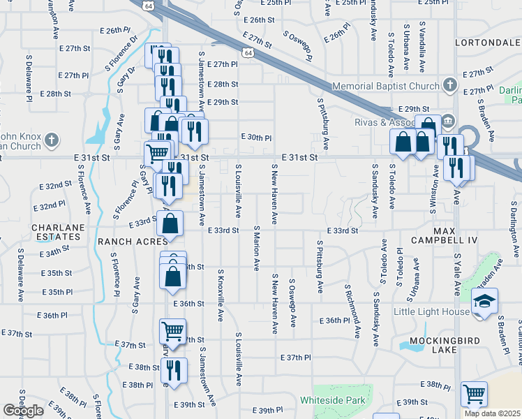 map of restaurants, bars, coffee shops, grocery stores, and more near 3242 South New Haven Avenue in Tulsa